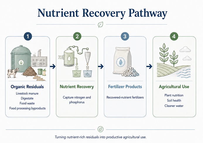 Nutrient recovery pathway from organic residuals to fertilizer products and agricultural use